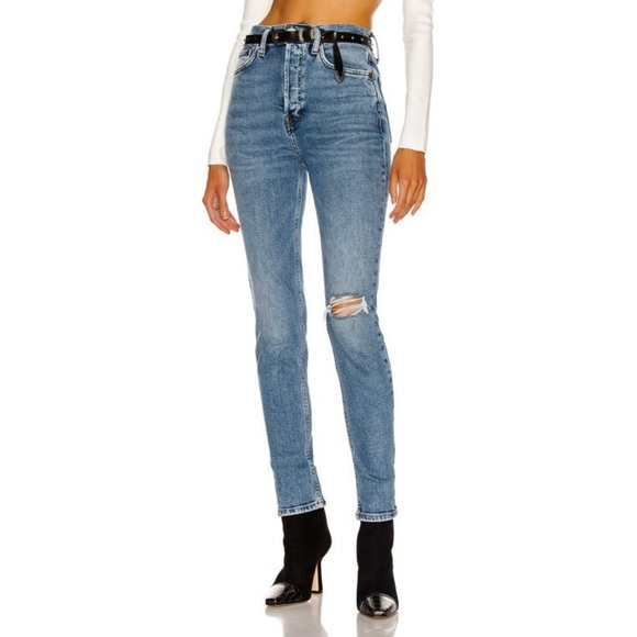 RE/DONE Ultra High Rise Distressed Slim Jean in Worn Retro Stone Blue